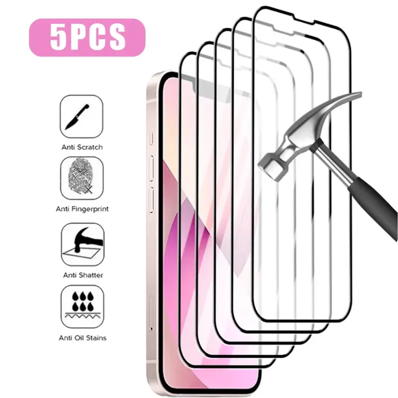 5 Pcs Plain Aftermarket Protective Tempered Glass Cellphone Screen Protectors for iPhone - Shatterproof, Shockproof, Scratch-Resistant, Splash-proof, Anti-Fingerprint - Fits iPhone 18 Pro Max,17,16,15,14,13,12,11,Xs,X Smartphones