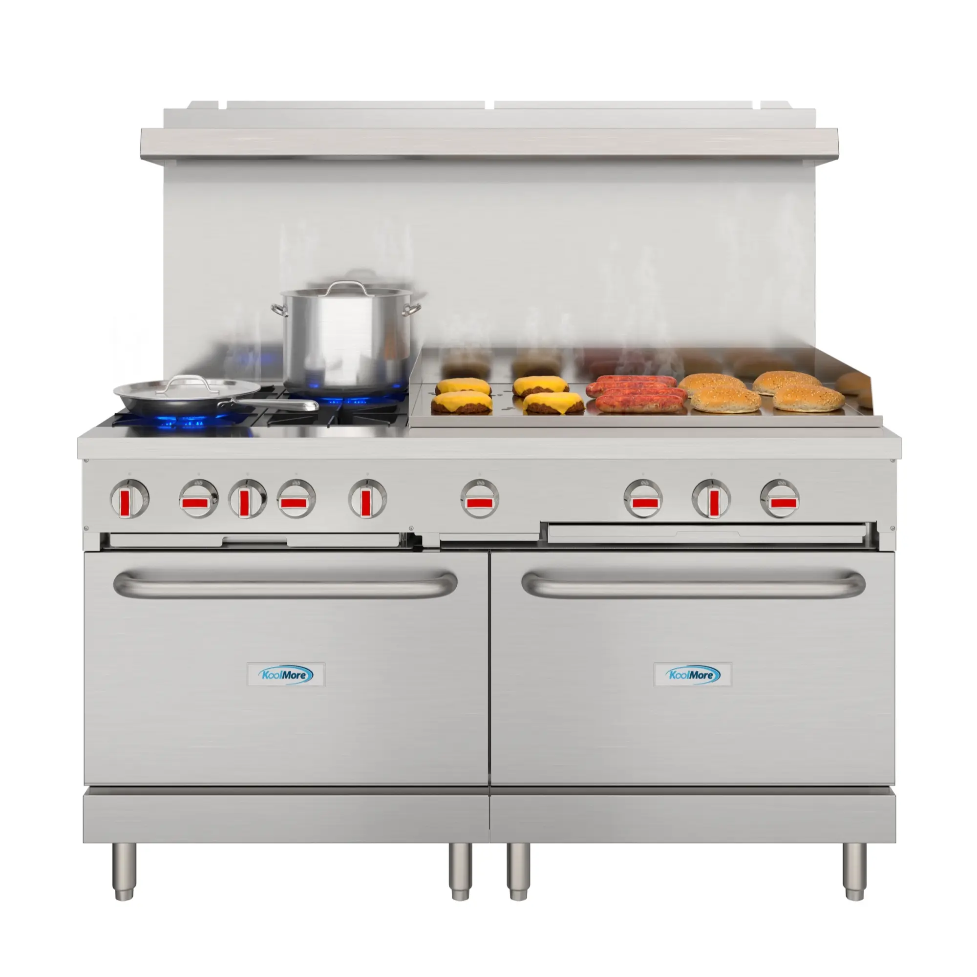 60 in. Commercial Natural Gas Range with 4 Burners, 36 in. Griddle, 2 Standard Ovens in Stainless-Steel (KM-CRG364-NG)