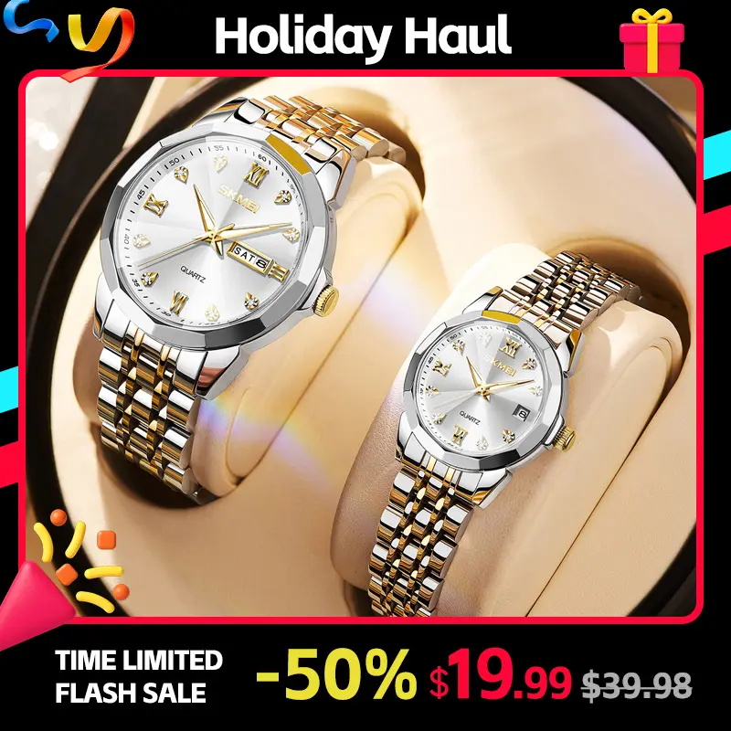 SKMEI Couple Watch Set, Elegant Unisex Pair with Matching Stainless Steel Bands, Classic Roman Numeral Round Face, 3ATM Water Resistant, Compact And Stylish, Elegant Couple Watches, Matching Metal Bands, Quartz Watch Set