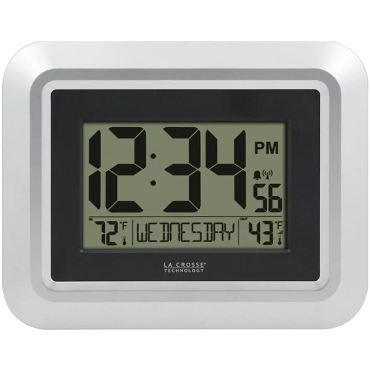La Crosse Technology 7-in Rectangle Digital Wall Clock - Silver, Battery-Operated, Freestanding, Hanging Home Decor Clock with Atomic Sync, Dual Indoor-Outdoor Temperature Display