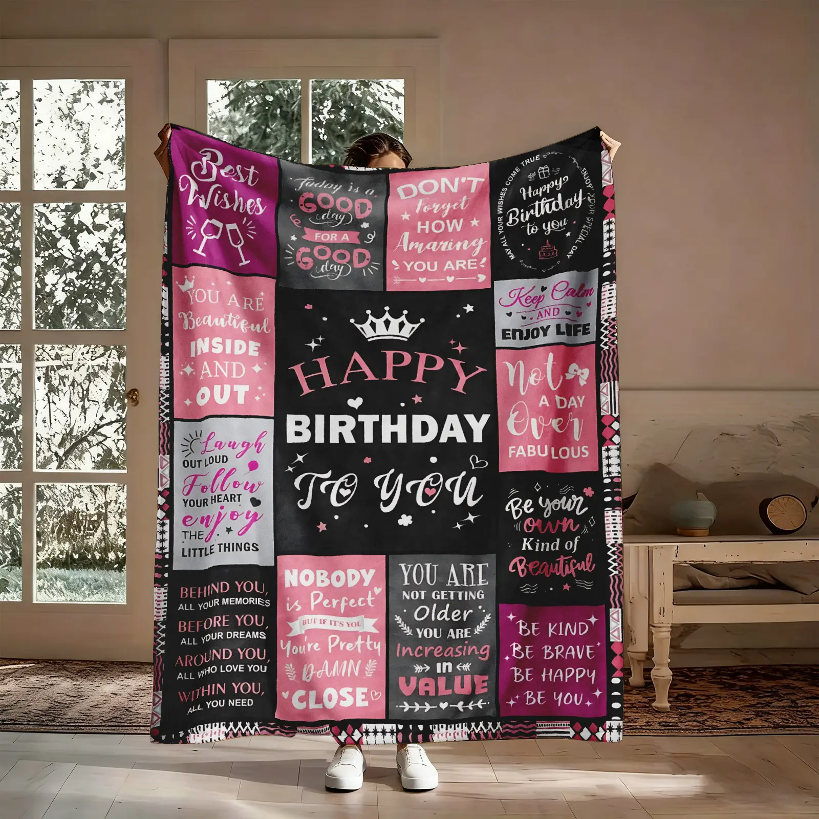 Happy Birthday Black Pink Flannel Throw Blanket, Collage Typography Birthday Wishes, Soft Cozy Warm, for Couch Bed, Gift for Birthday Girl Her, Birthday Celebration, Aesthetic Playful Positive Decor