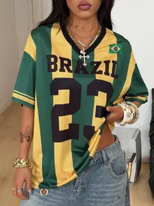 Women's Y2K Brazil Striped Short Sleeve T-Shirt, Vintage V Neck Loose Fit Oversized Streetwear Casual Football Top