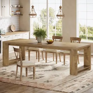 Tribesigns Farmhouse Dining Table 86.61-Inch for 6-8, Narrow Long Kitchen Table with Pedestal Base, Extra Long Dining Room Furniture, Natural Oak Rectangular Modern