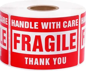 Fragile Adhesive Labels, 2x3 Inch, 500 Stickers, Red, Handle with Care, Permanent for Shipping