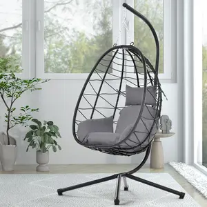 Egg Chair with Stand Indoor Outdoor Swing Chair Patio Wicker Hanging Egg Chair Hanging Basket Chair Hammock Chair with Stand for Bedroom Living Room Balcony,Gray