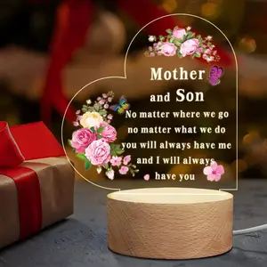 Acrylic Figurine USB Powered Wooden Base, Heart Style Memorial Plaque Gift for Mom, Desktop Decoration, Christmas Present
