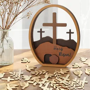 He is Risen Decor Wooden, Christian Easter Decor, Empty Tomb Scene and Cross Decoration, Easter Resurrection Scene, Jesus Nativity Scene Decors for Religious Home Mantels Tabletop Christian Gifts