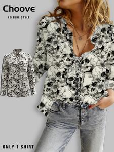 women's all over skull print button front shirt, casual long sleeve collared top for daily wear, ladies clothes for all seasons, blouse