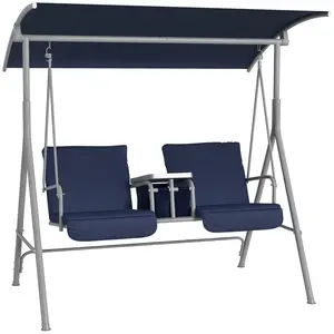 2-Seater Outdoor Porch Swing with Canopy – No Overhang Needed, Stand-Alone Solution. Tiltable Sun Shade Canopy Stops Sunburns & Glare. Place Anywhere on Patio, Garden or Backyard