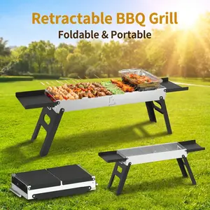 Retractable Stainless Steel Charcoal Grill, Portable Foldable BBQ Grill, Compact Storage Size, Extended Grilling Area, with BBQ Accessories, Perfect Gift for Him