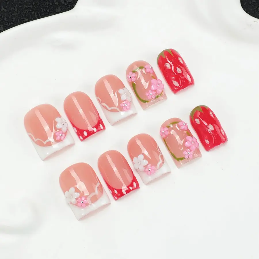 Handmade Nail Tips Set, Y2K Baddie Style, Kawaii Strawberry Cherry Blossom Press On Nails ,Pink Floral & Red Polka Dot French Tip Fake Nails ,Sweet Spring Nail Art Design ,Reusable False Nails Set for Women & Teen Girls ,Perfect for Date & Daily Outfits,