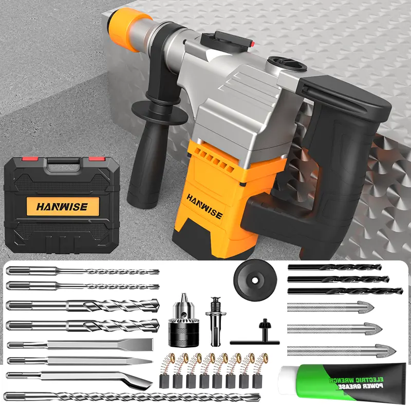 HANWISE 3-in-1 Multi-Function Corded Rotary Hammer Drill with Complete Accessories, For Drilling, Chiseling & Demolition, Heavy-Duty Power Tool for Concrete, Tile, Wall & Stone, Ergonomic Design for DIY Enthusiasts
