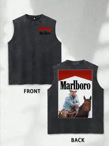 Retro Washed Black Oversized Tank Top, Western Cowboy & Horse Graphic Print, Casual Sleeveless Streetwear for Men & Women, Loose Fit for Outdoor & Daily Wear