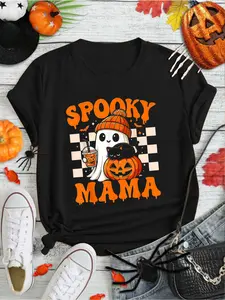 100% Cotton Spooky Mama Cute Ghost Drink Cat Pumpkin for Halloween Gifts T-Shirt Print Round Neck Short Sleeve Streetwear Fashion Breathable Homme Soft Unisex Designer Clothes For Women Casual Clothes
