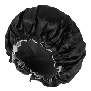 Double Layer Satin Bonnet for Men,  Bath Shower Cap Adjustable Drawstring Hair Bonnet  Bathing Hair Cap for Men Curly Hair Braids, Black