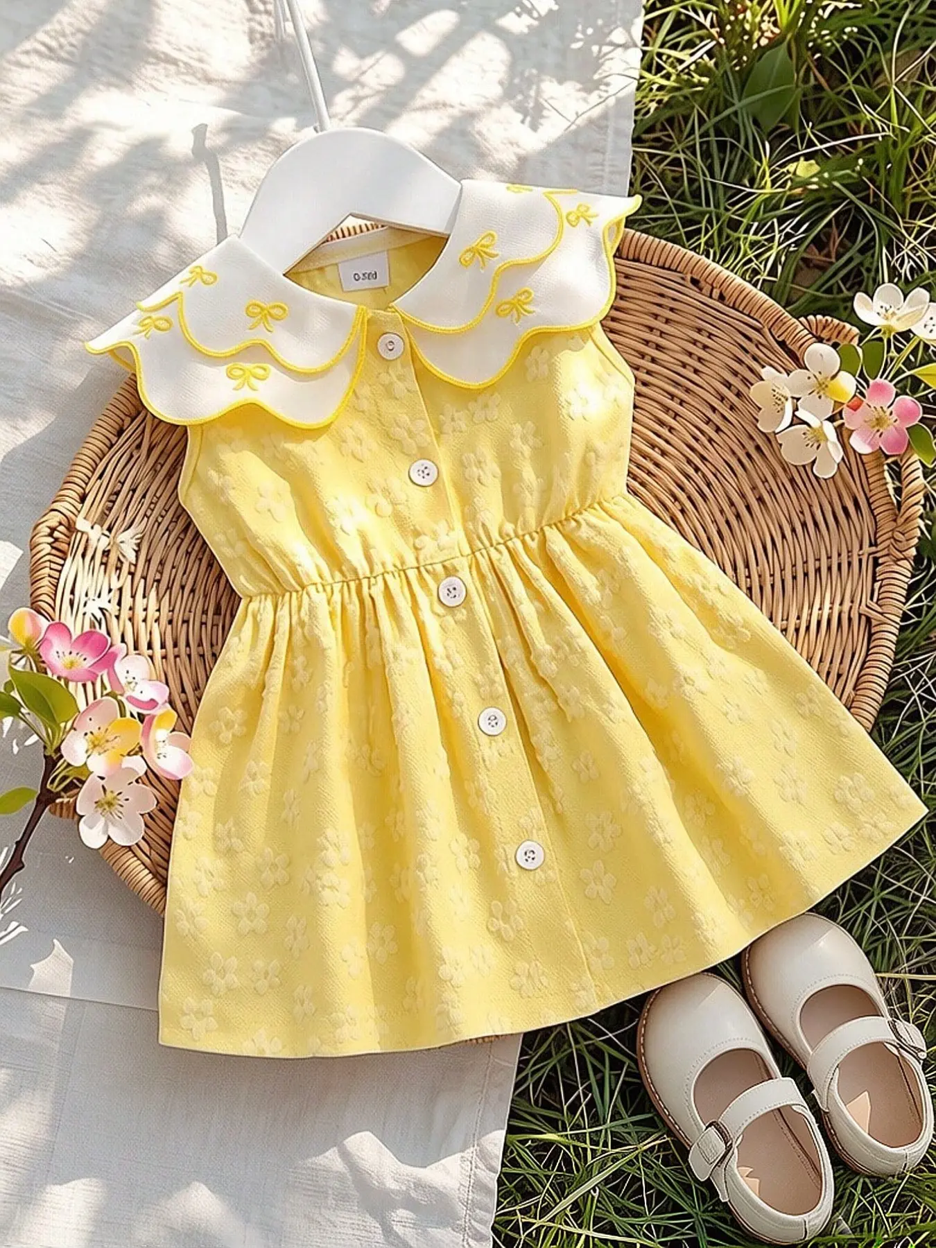 Baby Girl Sweet Fresh Button Front Lapel Princess Dress, Floral Embroidery Bow Detail, Sleeveless Textured Fabric, Elegant Style, Baby Girl Clothes, Baby Clothing