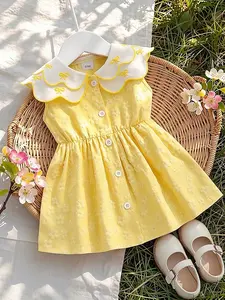 Baby Girl Sweet Fresh Button Front Lapel Princess Dress, Floral Embroidery Bow Detail, Sleeveless Textured Fabric, Elegant Style, Baby Girl Clothes