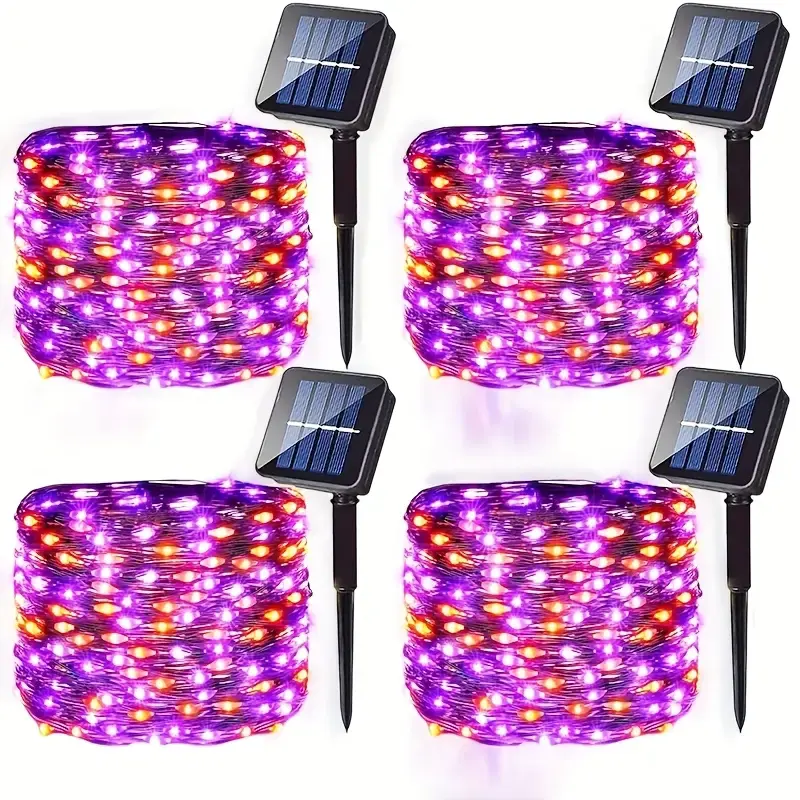 Solar Outdoor Copper Wire Twinkle LED String Lights, 4-Pack 160Ft 480LEDs, 8-Mode IP44 Waterproof Orange Purple Lights for Halloween Spooky Tree, Garden Decorations, Solar Outdoor Lights