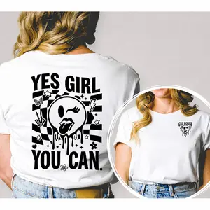 Yes Girl You Can' Girl Power Smiley Double-sided Print T-shirt Female Empowerment Style Casual Top