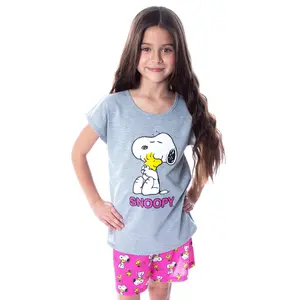 Peanuts Girls' Pajamas Snoopy and Woodstock Shirt And Shorts 2 Piece Pajama Set