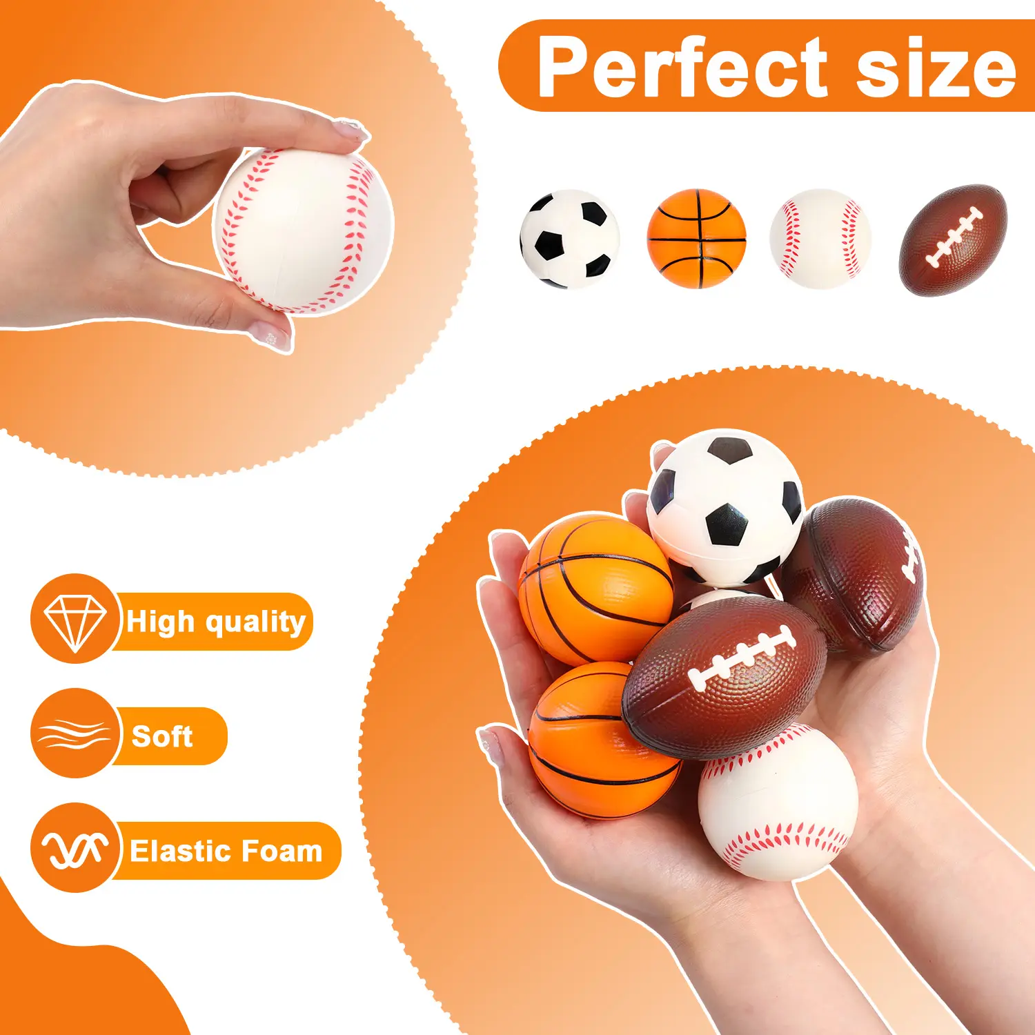 MIAODAM 24-Pack Mini Sports-Themed Soft PU Stress Relief Squishy Balls for Kids 3-4 Years+, Squeeze Fidget Tools, Teachers’ Classroom Rewards (Football, Baseball, Basketball, Rugby)