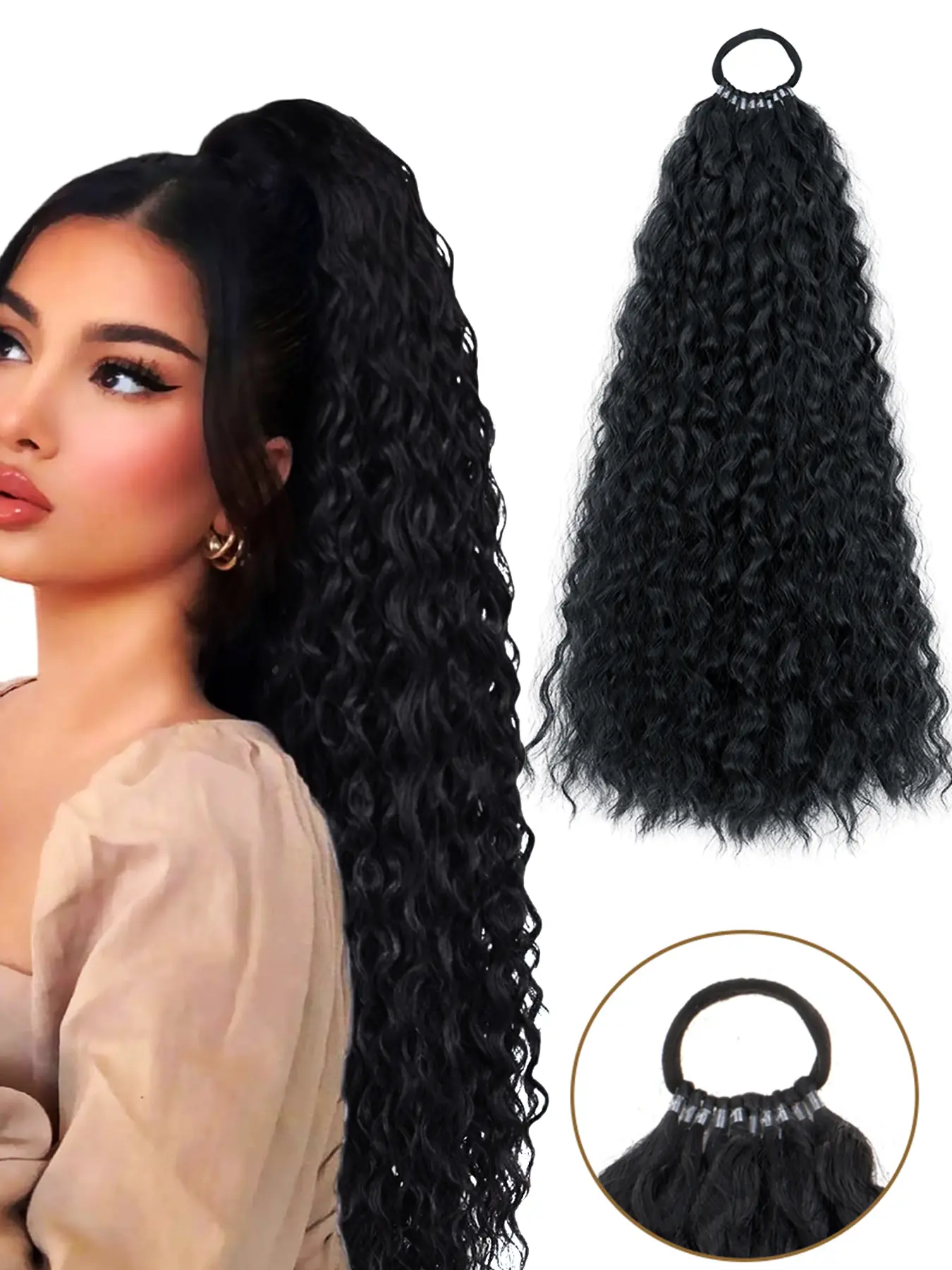 Ponytail Extension, Wrap-Around Hair Tie Ponytail Hairpieces 18-Inch Long Synthetic Wavy Braiding Hair DIY Braided Ponytail for Women & Girls Daily and Party Styles