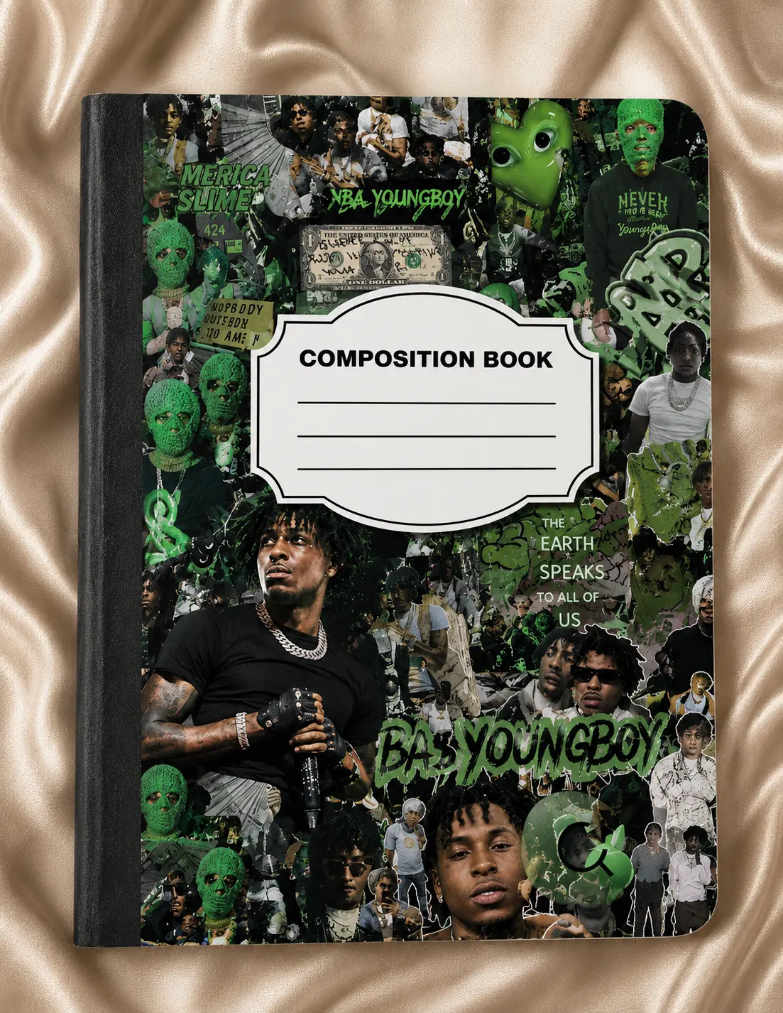 Custom Slime-Green Street-Art Collage Cover Composition Notebook, Aesthetic Character-Inspired Journaling Supplies for Students, Office Stationery