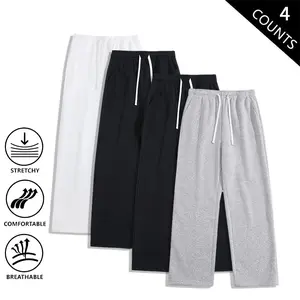 4-Pack Baggy Wide-Leg Sweatpants, Streetwear Loose Drawstring Pants, Soft Stretch Casual Pants for Men, Trendy Comfortable Loungewear Pants