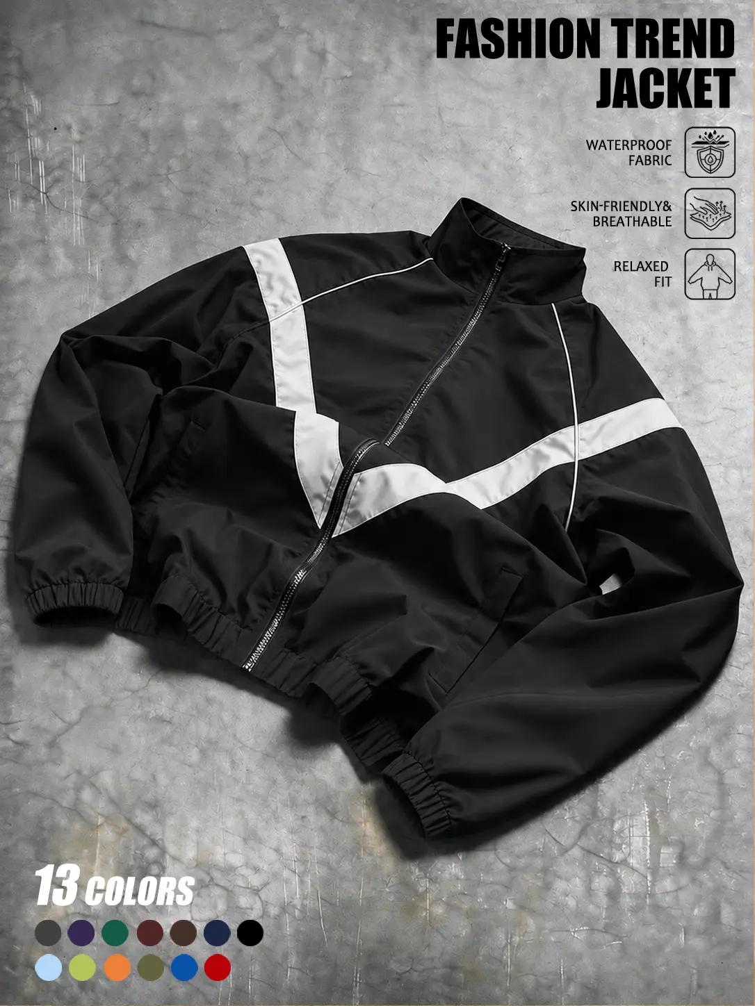 Men Full‑Zip Stand‑Collar Cropped Casual Jacket, Waterproof Breathable Skin‑Friendly Fabric Build, Relaxed Fit Elastic Hem Cuffs, Durable Outer Shell For Daily Commute Weekend Trip And Casual Urban Outdoor Activities
