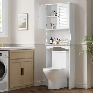 Over The Toilet Storage Cabinet with Adjustable Shelf and Hooks, Space-Saving Bathroom Organizer with Anti-Tip Device, Ventilated Louvered Doors,for Bathroom