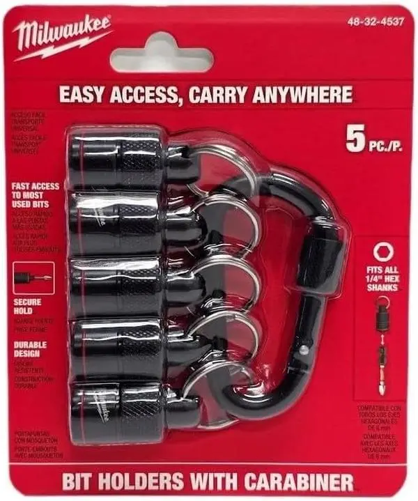 Milwaukee 48-32-4537 5-Piece Hex Bit Holder with Carabiner Clip - Forged Steel Construction, Dual-Ball Retention System, Secure Grip, Compact & Durable (Holds 5 Bits), Five Bits Tool Accessories Tool Kit