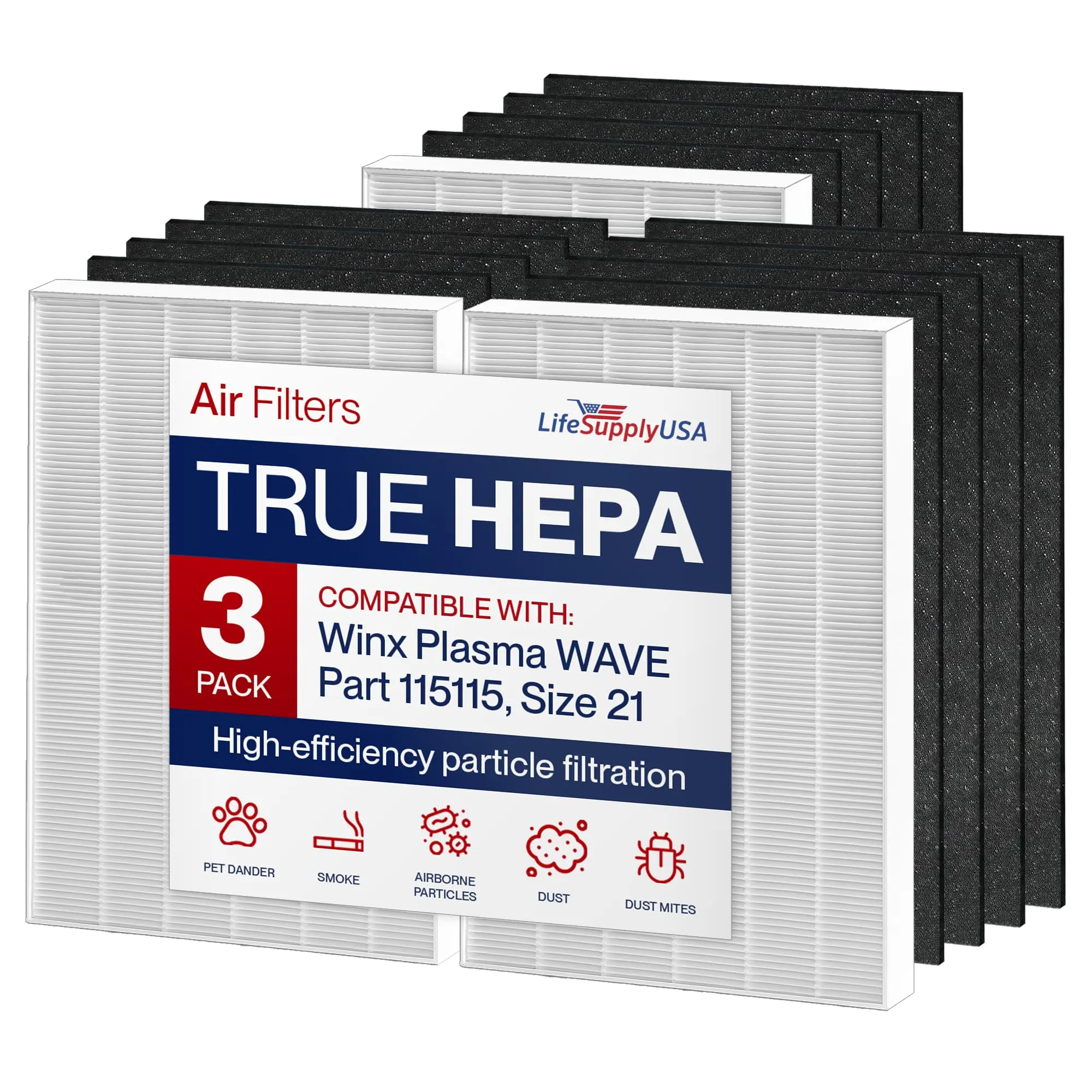 115115 HEPA Filter A Replacement + Carbon Pre-Filters for C535, 5300, 5300-2, 5500, 5500-2, 6300, 6300-2, P300, AM90, C909, 9800 For Winix Air Purifier Filter Replacement Size 21 by LifeSupplyUSA