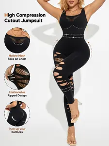 Women's Hot Mesh Patchwork Cutout Ripped Sleeveless Jumpsuit, Spring Sport Yoga Pants, Waist Cinching Butt Lifting
