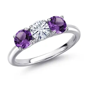 Gem Stone King 925 Sterling Silver White Moissanite and Purple Amethyst Engagement Ring For Women | 1.45 Cttw | Round 5MM | Gemstone Birthstone