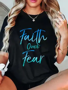 100% Cotton Unisex Faith Over Fear Shirt Vintage Inspirational Bold Christian Casual Graphic Printed Vintage Tshirt
