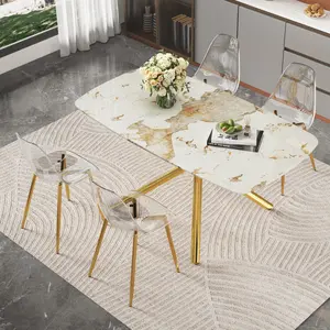Dining table and chair set. 63-inch x 35.4-inch luxurious white marble-patterned tempered glass dining table. Comes with 6/4 transparent plastic chairs with gold-tone metal legs. Bringing you a comfortable home experience.