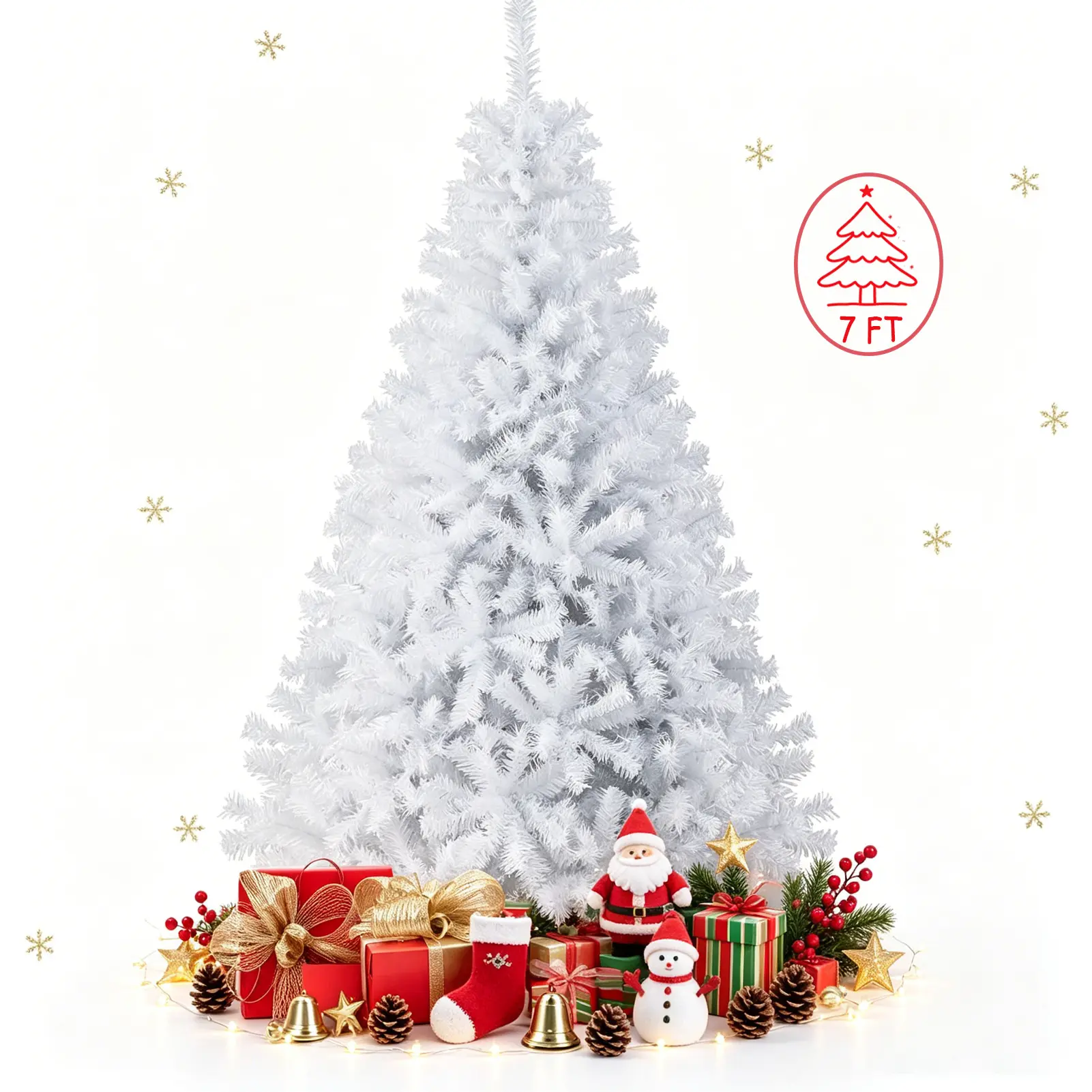 7 ft PVC Unlit Classic Full Plush Artificial White Christmas Pine Tree with Solid Metal Legs - Ideal for Indoor, Outdoor Holiday Decorations