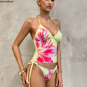 2026 New Women's Printed Tankini Swimsuit, Halter Neck Tie Back Stylish Bathing Suit, Comfortable Slimming Beachwear for Summer Vacation & Pool Days