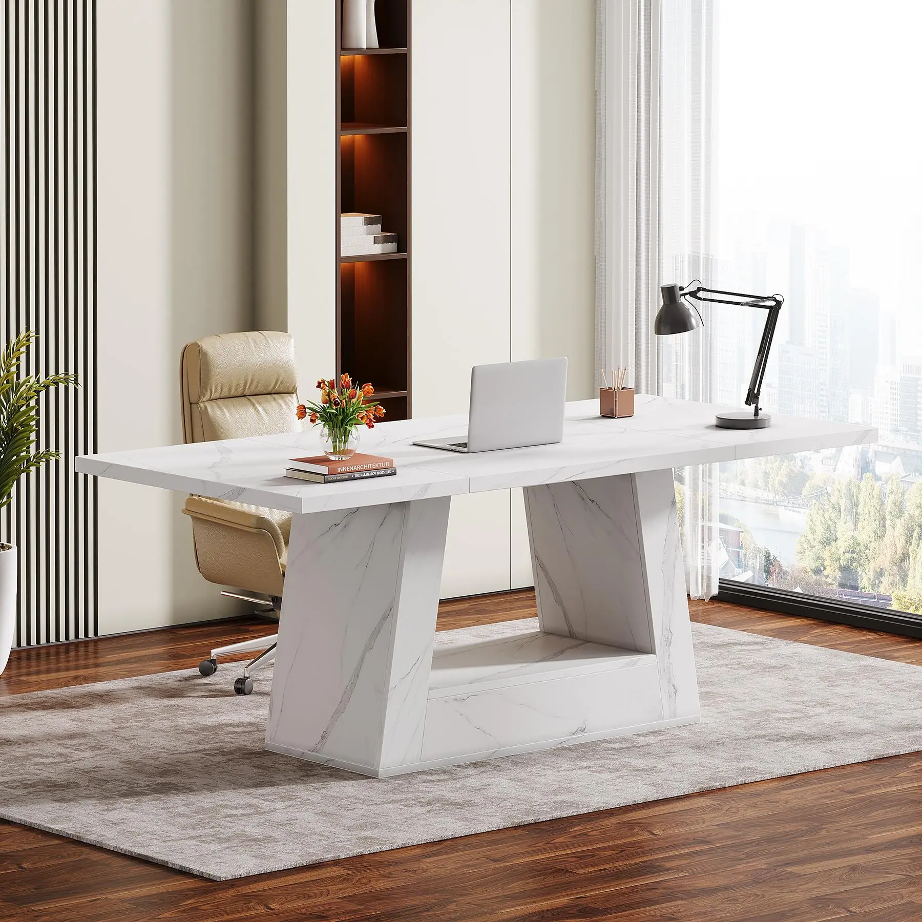 TRIBEWOOD Modern Computer Desk, 63-Inch Large Office Desk Workstation, Simple Style Executive Desk Study Table with Sturdy Base, Wooden Faux Marble Writing Desk for Home Office