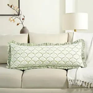 Hand Block Print Fern Regal Ruffle Sham Pillow Cover 36" x 14" inch Hidden Zipper Decorative Pillowcase for Couch, Bed, Sofa, Farmhouse, Cottagecore Decor Gift Spring, Mother's Day