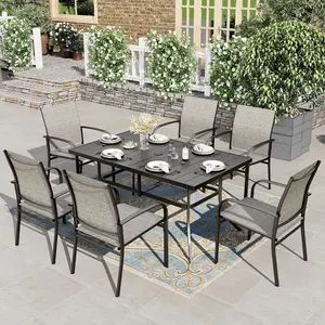 Phivilla Home Outdoor Dining Set, Rectangle Metal Table with Double Umbrella Hole and 6 Armrest Chairs, Patio Table and Chairs for Backyard Garden Porch Deck