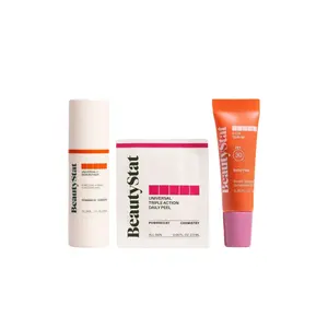 BeautyStat Radiant Glow Kit - 500g Triple Action Daily Peel Pads, Universal C Skin Refiner, & Baby Pink Lip Serum SPF 30 for Radiant Skin