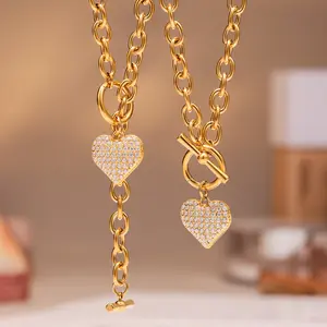 Women's 14 Karat Gold Plated 2-Piece Cuban Heart Shaped Necklace & Bracelet Jewelry Set - Dainty, Cubic Zirconia Accents, OT Buckle, Ideal Gift