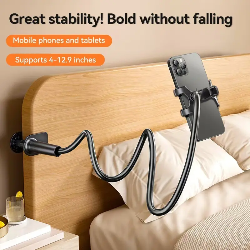 Ergonomic Gooseneck Phone Stand, Adjustable Cell Phone Mount with Stable Base, Universal Bed Frame & Desk Clamp, 360° Rotation for All Smartphones