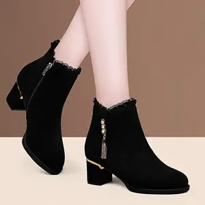 Women'S Elegant Black Ankle Boots with Butterfly Embellishments, Chunky Mid-Heel Round Toe Zipper Closure, Soft Fleece Upper & Comfortable Fabric Lining for Winter Casual & Formal Wear, Chunky Heel Boots, Winter Footwear, Decorative Bow Det