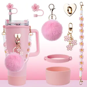Stainless Steel Vacuum Insulated Tumbler with Handle & Straw - Pink Pom Pom Keychain Gift Set for Girls, with Accessory Options, Keep Hot & Cold Portable Drinkware for Tea & Iced Tea