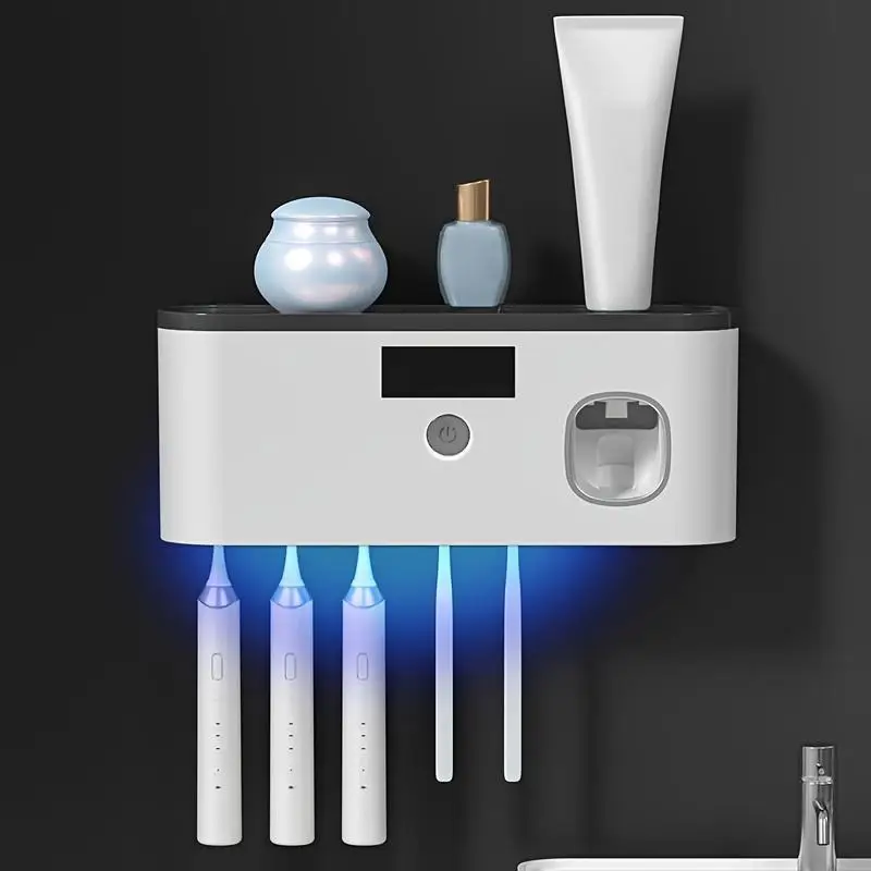 Smart UV Toothbrush Sterilizer, Wall Mounted Toothbrush Holder with Automatic Toothpaste Dispenser, Bathroom Accessories for Home Use