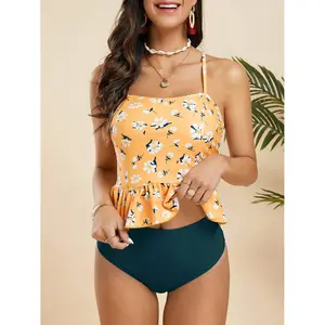 Danedvi Womens High Waisted Peplum Tankini Halter Teen Swimsuit Ruffle Floral Print Tummy Control 2 Piece Bikini Set Swimwear