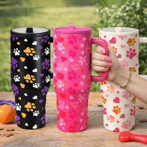 AuraCup 1pc 40oz Insulated Tumbler with Handle and Lid, Printed Paw Print Heart Pattern Stainless Steel Travel Cup, Large Capacity Vacuum Coffee Mug for Dog Lovers, Keeps Cold 12H Hot 6H, Reusable Water Bottle for Home Office Outdoor, Gift for Pet Flasks