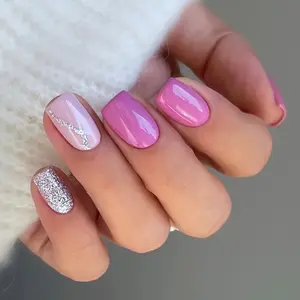 Pink Fake Nails Silver Glitter Press on Nails 24pcs Short Square Art Nails Daily Wear Nails Gift